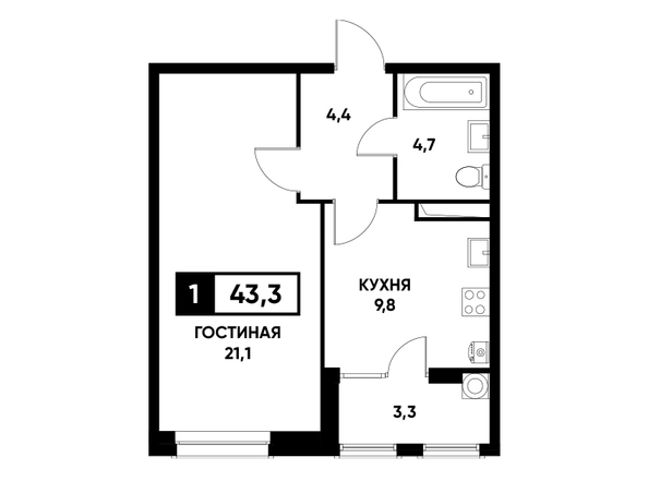 Планировка 1-комн 43,3 м²