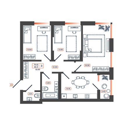 Планировка 3-комн 82,85 - 83,46 м²