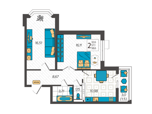 Планировка 2-комн 58,6 м²