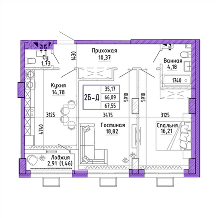 Планировка 2-комн 67,55 м²