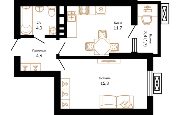 Планировка 1-комн 37,3 м²