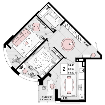 Планировка 2-комн 54,6 м²