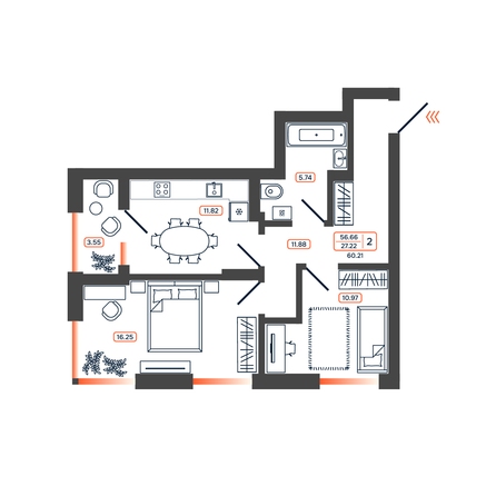 Планировка 2-комн 60,21 - 60,57 м²