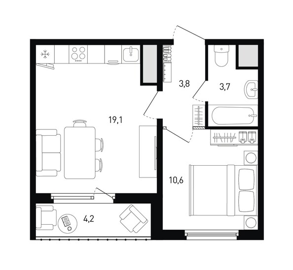 Планировка 1-комн 39,1, 39,9 м²