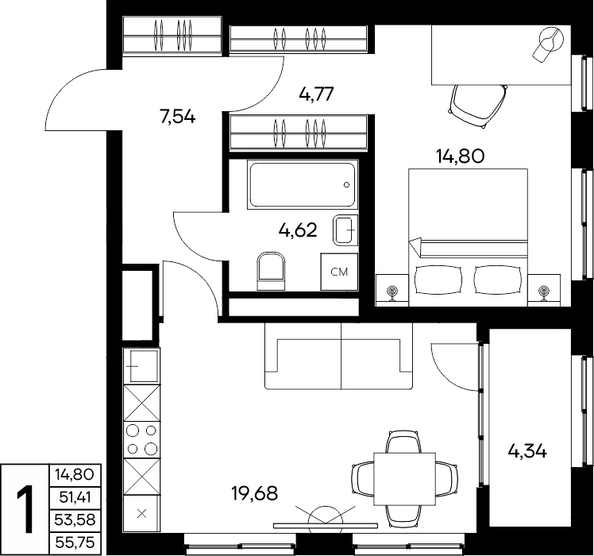 Планировка 1-комн 55,75 м²