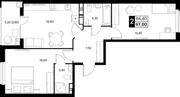 Планировка 2-комн 67, 67,5 м²