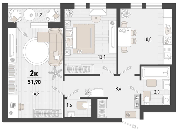 Планировка 2-комн 51,9 м²