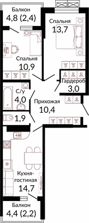 Планировка 2-комн 63,2 м²