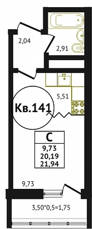 Планировка Доля в квартире 21,94 м²