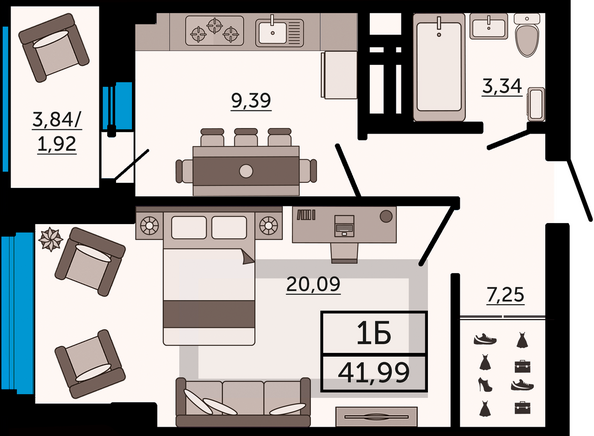 Планировка 1-комн 41,99 м²