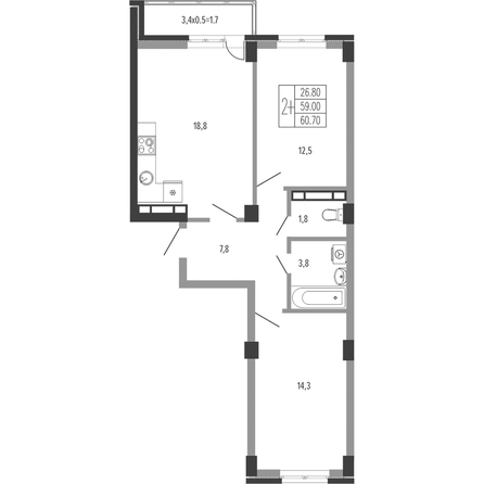 Планировка 2-комн 60,7, 60,9 м²