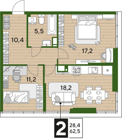 Планировка 2-комн 62,5 м²