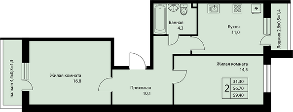 Планировка 2-комн 59,4 м²