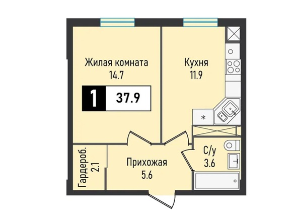 Планировка 1-комн 37,9 м²