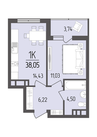 Планировка 1-комн 38,05 м²
