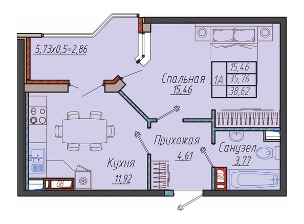 Планировка 1-комн 38,52 м²