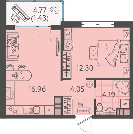 Планировка 1-комн 38,79 м²