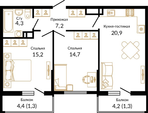 Планировка 2-комн 65,14 - 65,94 м²