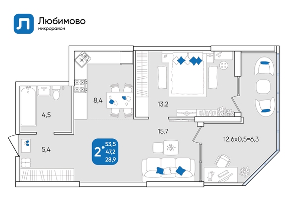 Планировка 2-комн 53,5 м²