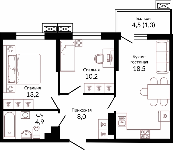 Планировка 2-комн 56,1 м²