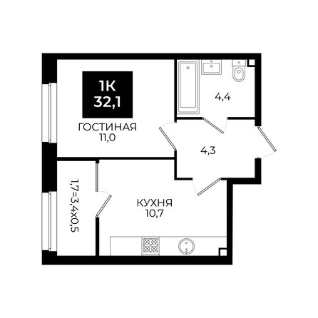 Планировка 1-комн 32,1 м²