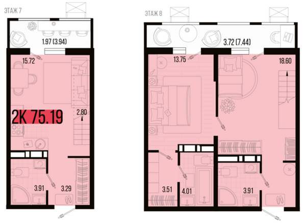 Планировка 2-комн 75,19, 76,27 м²