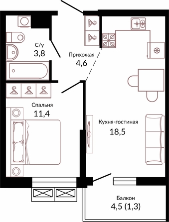 Планировка 1-комн 39,6 м²