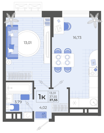 Планировка 1-комн 37,55 м²