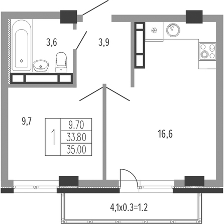 Планировка 1-комн 35 м²