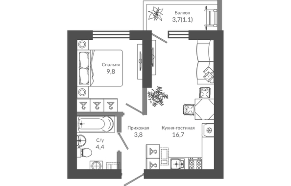 Планировка 1-комн 35,8 м²