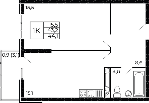 Планировка 1-комн 44,1 м²