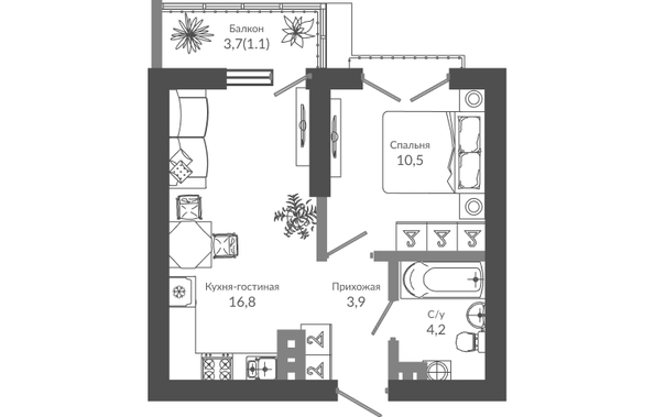 Планировка 1-комн 36,5 м²