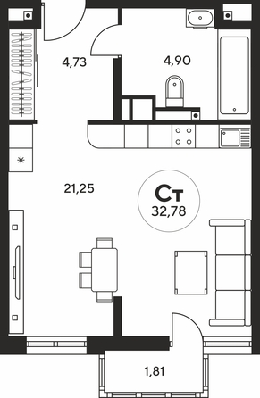 Планировка 1-комн 32,64 - 32,94 м²