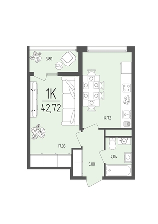 Планировка 1-комн 42,72 м²
