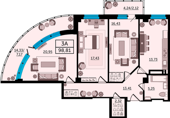 Планировка 3-комн 101,7 м²