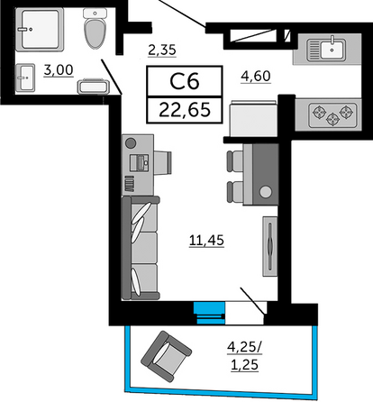 Планировка Студия 22,5, 22,65 м²