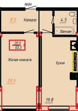 Планировка 1-комн 53,3 м²