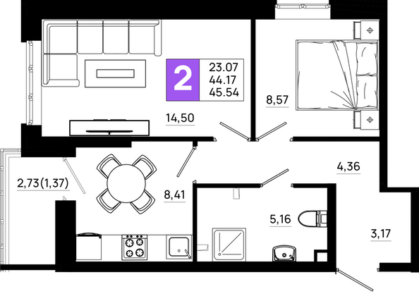 Планировка 2-комн 45,54 м²