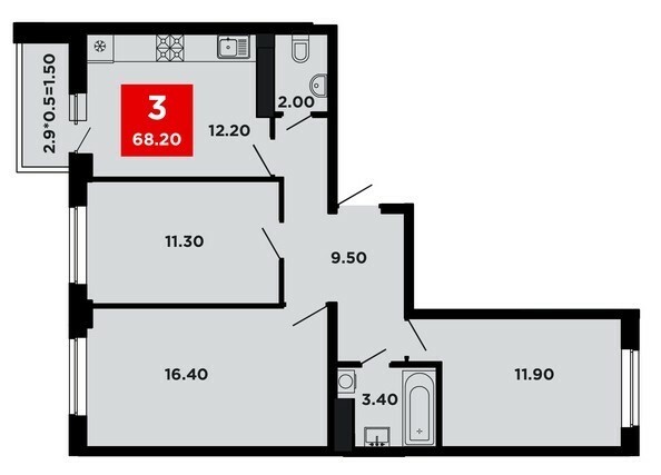 Планировка 3-комн 68,2 - 69 м²