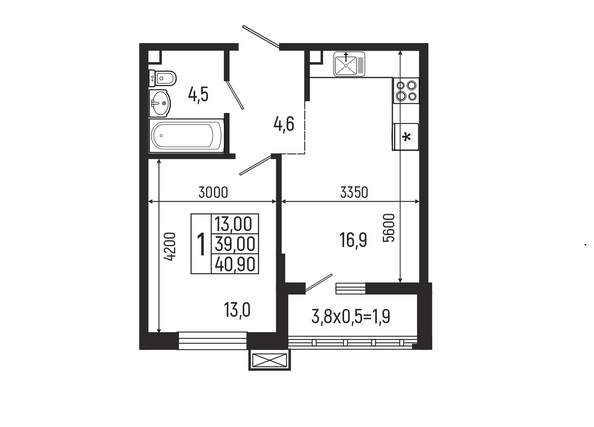 Планировка 1-комн 40,8 м²