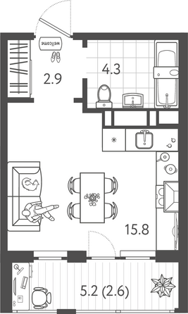 Планировка 1-комн 25,6 м²