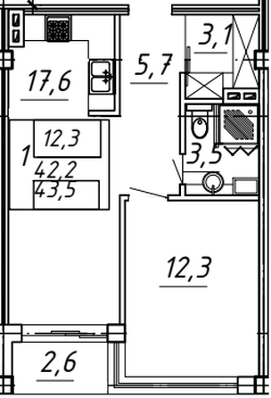 Планировка 1-комн 43,5 м²