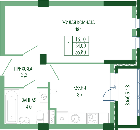 Планировка 1-комн 35,8, 36,1 м²