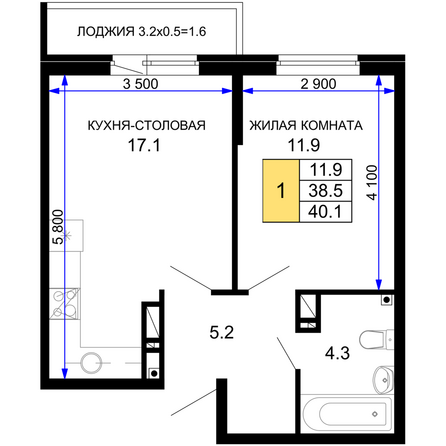 Планировка 1-комн 40,1 м²