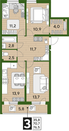 Планировка 3-комн 76,5 м²