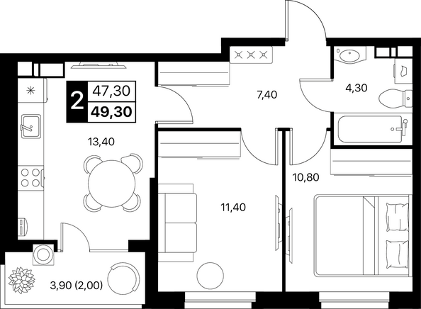 Планировка 2-комн 49,3, 49,7 м²