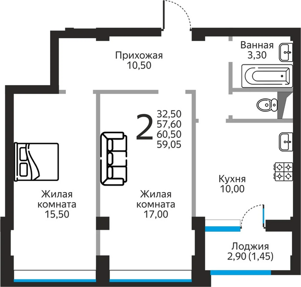 Планировка 2-комн 59,05 м²