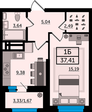 Планировка 1-комн 37,41 м²