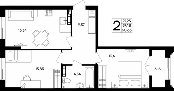 Планировка 2-комн 60,63 - 61,93 м²