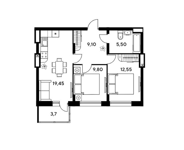 Планировка 3-комн 60,1 м²